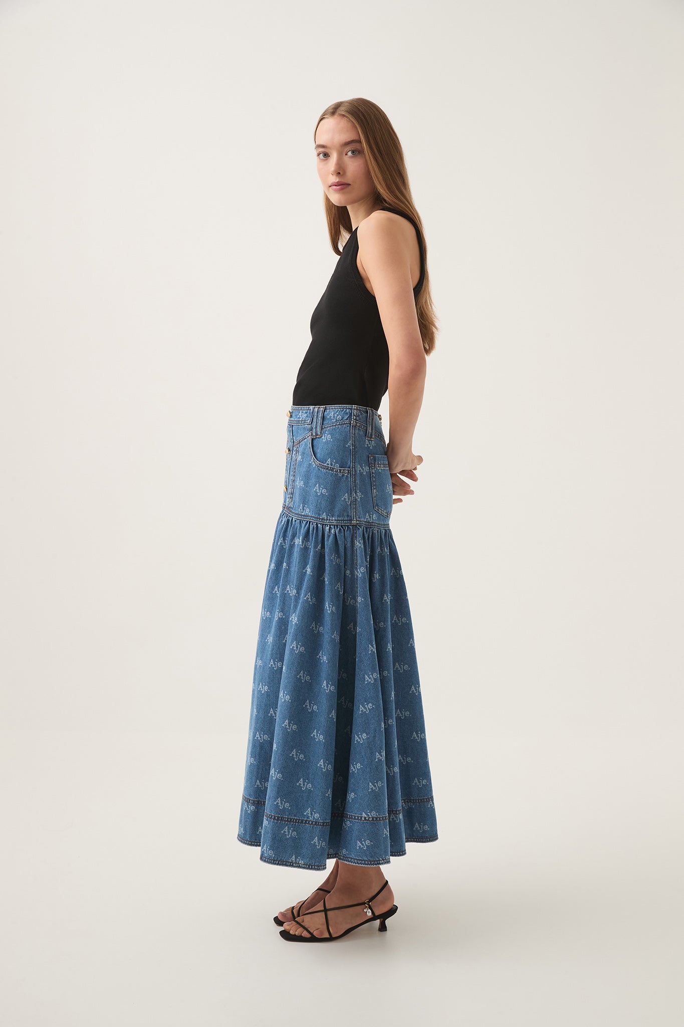 Ratio Logo Denim Midi Skirt