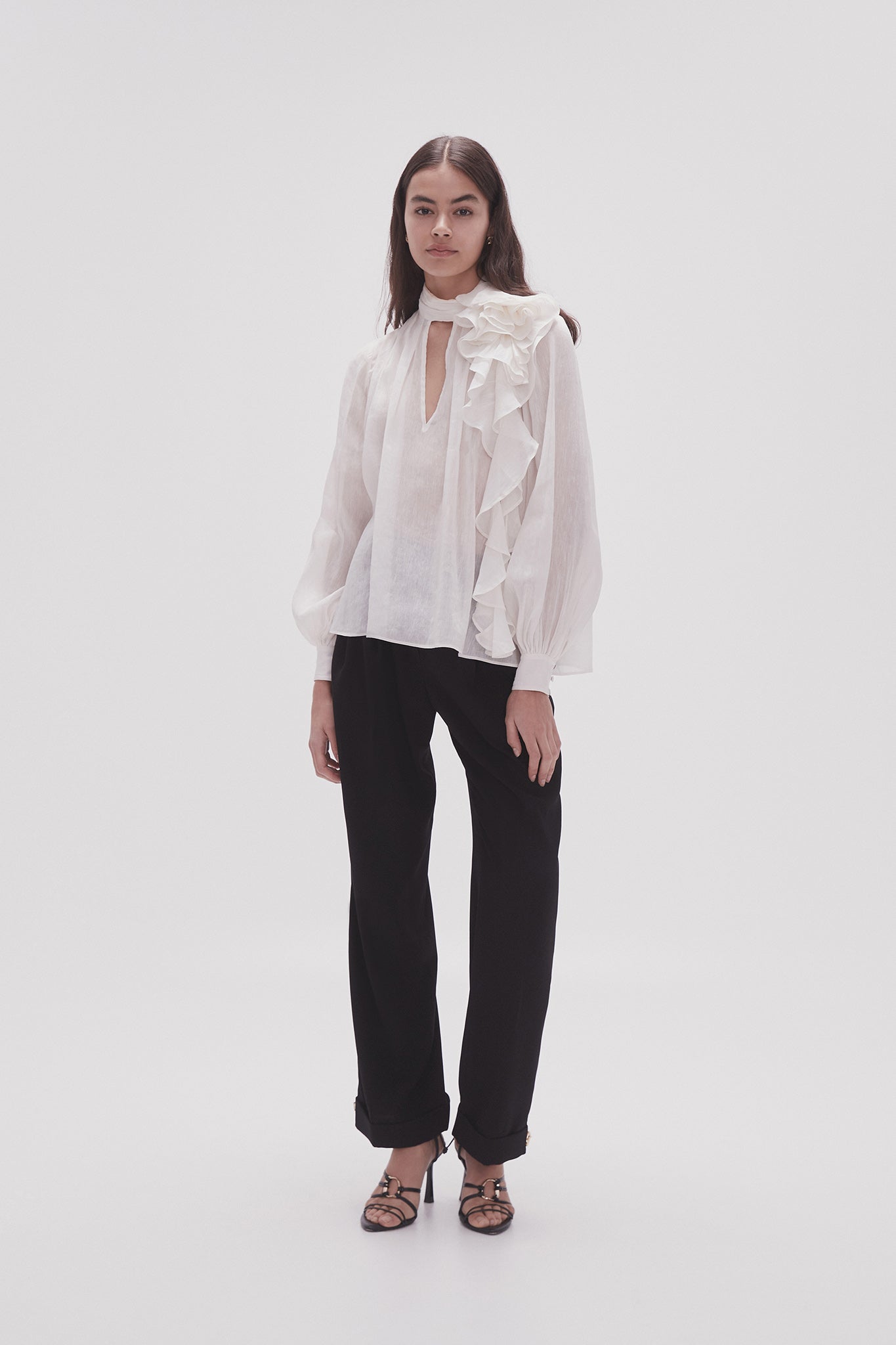 karina wears zara poplin ruffle top with high waisted trouser