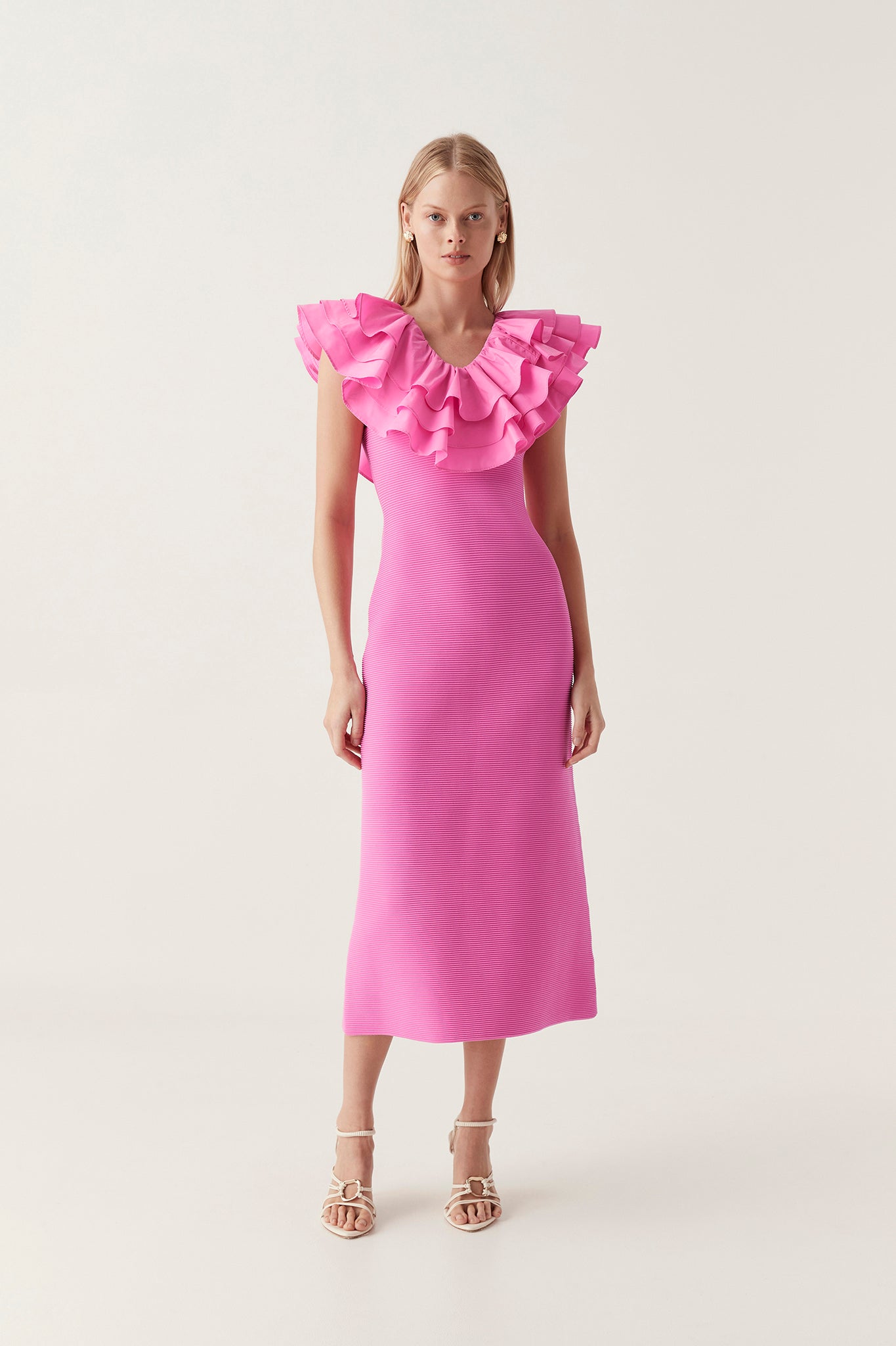 Transcendent Ruffle Midi Dress, Cerise Pink